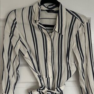 Zara Striped Linen Button-Up Dress with tie S